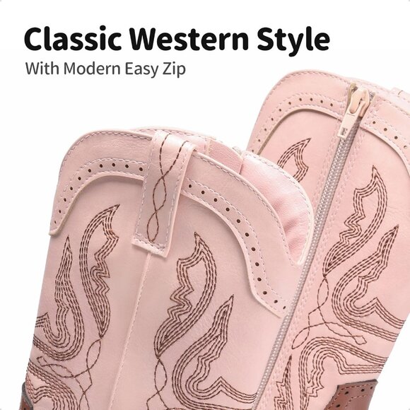 Kids Girls Pink/Brown Cowgirl Western Boots Mid Calf Horse Riding Booties Shoes - Picture 4 of 6